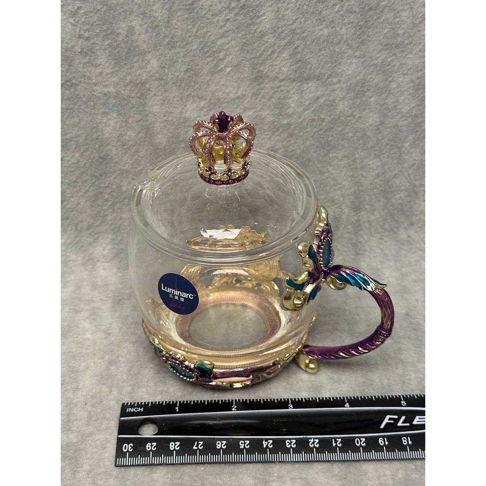 Luminarc Glass Tea Mug Cup Purple Gold Crown Lid Ornate Cup - Picture 9 of 9